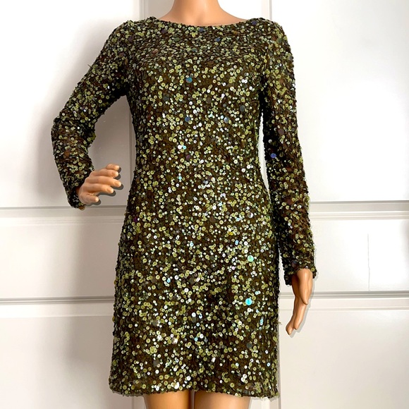 Aidan Mattox Long Sleeve Sequin OLIVE GREEN Dress - Picture 10 of 11